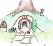 A colored pencil drawing of a hobbit hole under a tree with a stone path leading to a round door